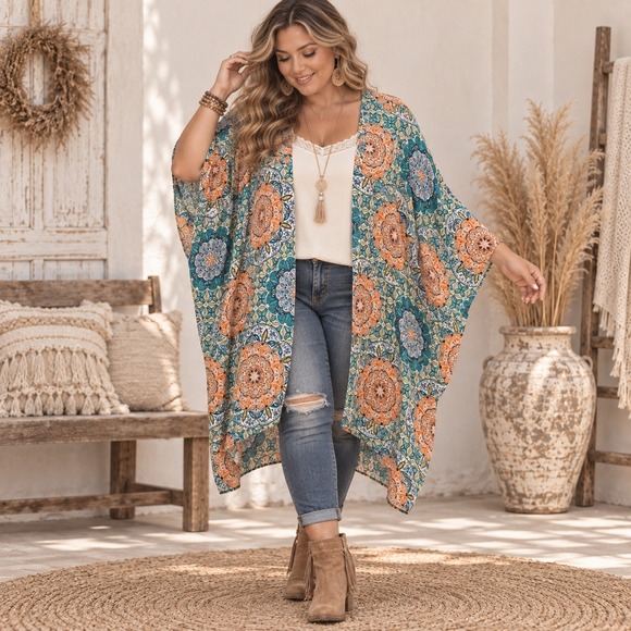 Umgee Sweaters - Umgee XL Boho Mandala Kimono Cardigan Orange Teal Open Front Duster XL